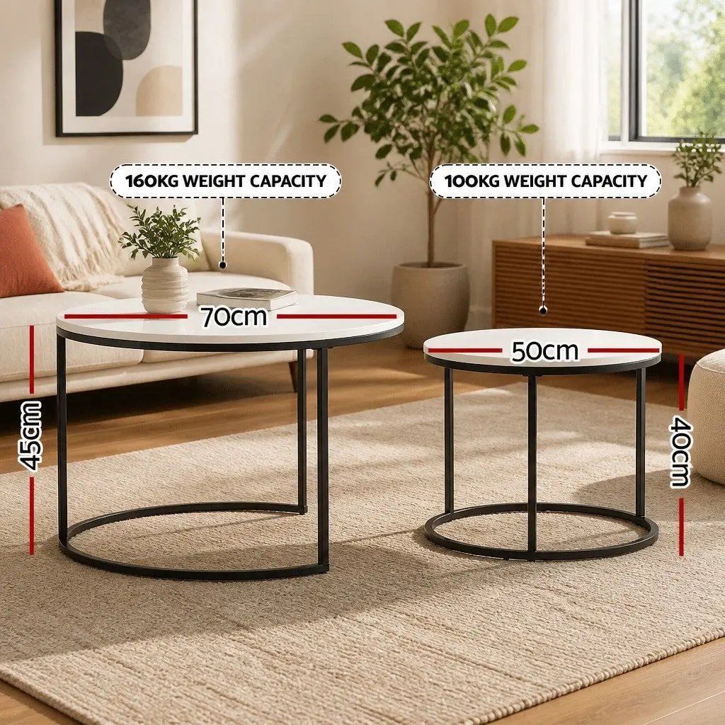 Nesting Coffee Table Set of 2 Marble Effect Black White Metal Frame