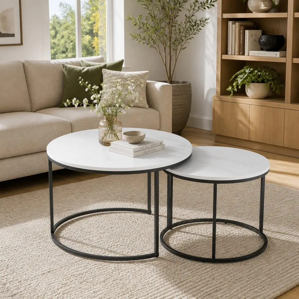 Nesting Coffee Table Set of 2 Marble Effect Black White Metal Frame