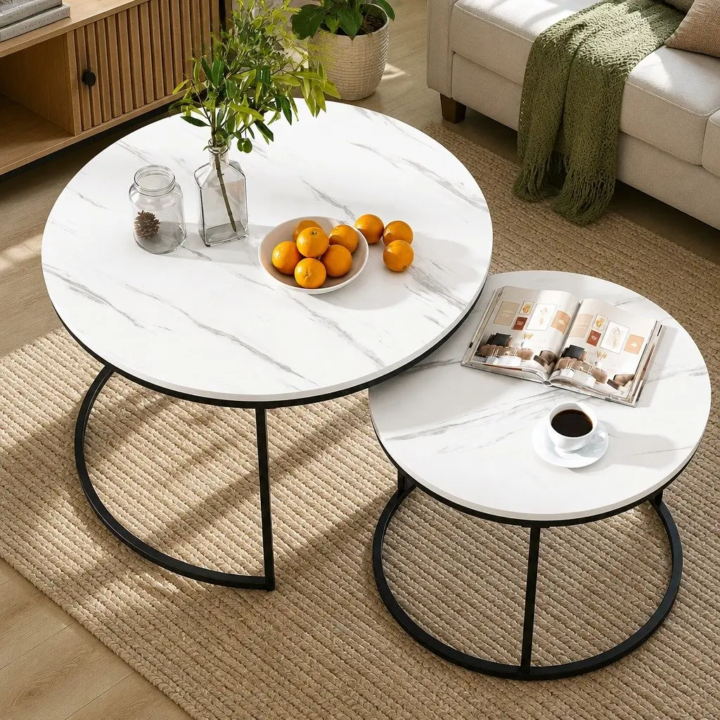Nesting Coffee Table Set of 2 Marble Effect Black White Metal Frame