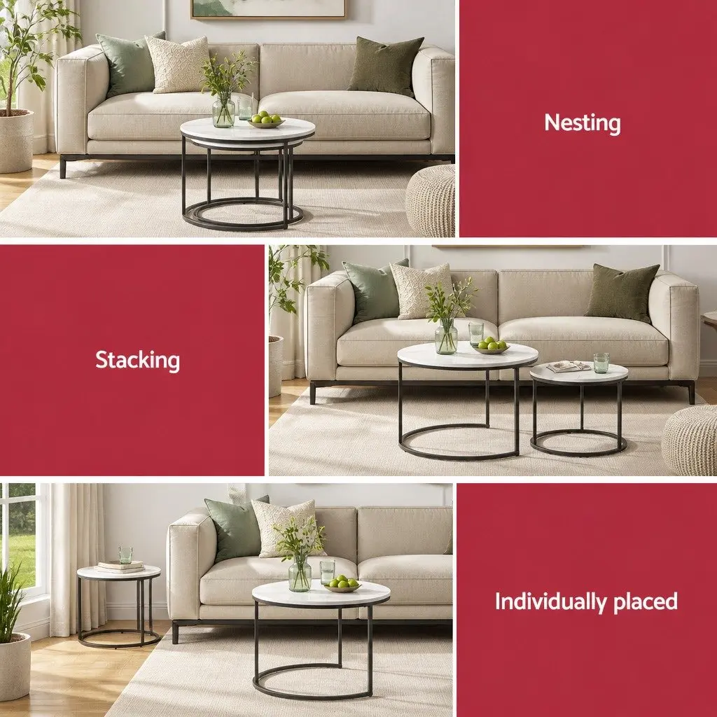 Nesting Coffee Table Set of 2 Marble Effect Black White Metal Frame