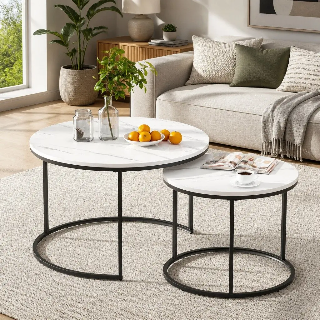 Nesting Coffee Table Set of 2 Marble Effect Black White Metal Frame