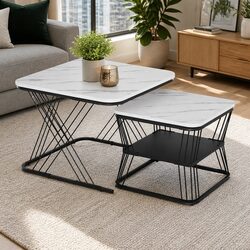 Nesting Coffee Table Set of 2 Marble Effect Modern Living Room Side Tables