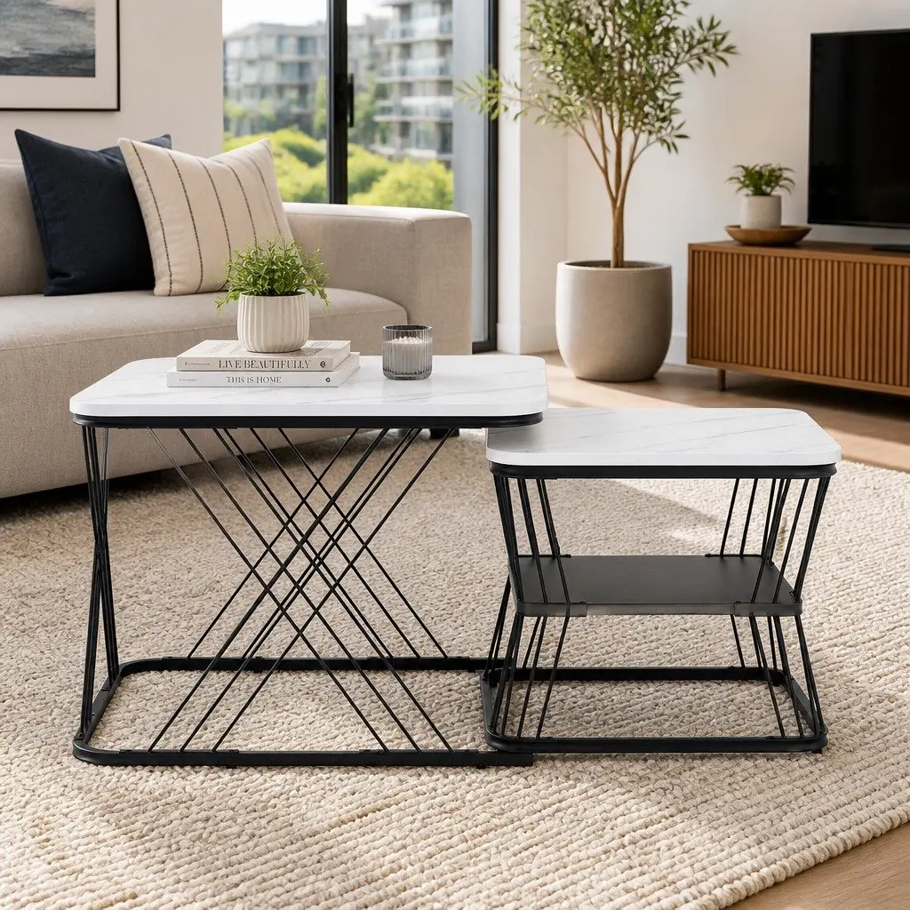 Nesting Coffee Table Set of 2 with Marble Finish