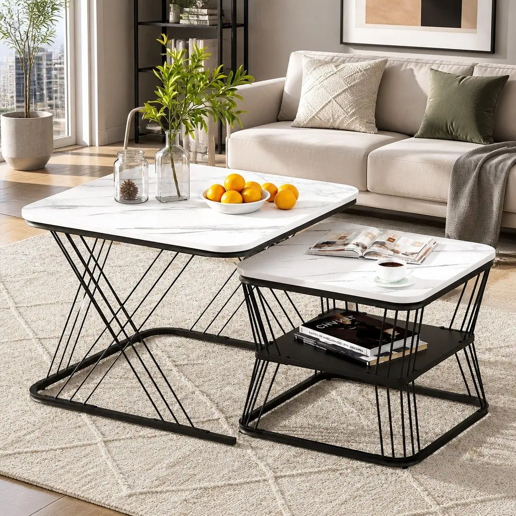Nesting Coffee Table Set of 2 with Marble Finish