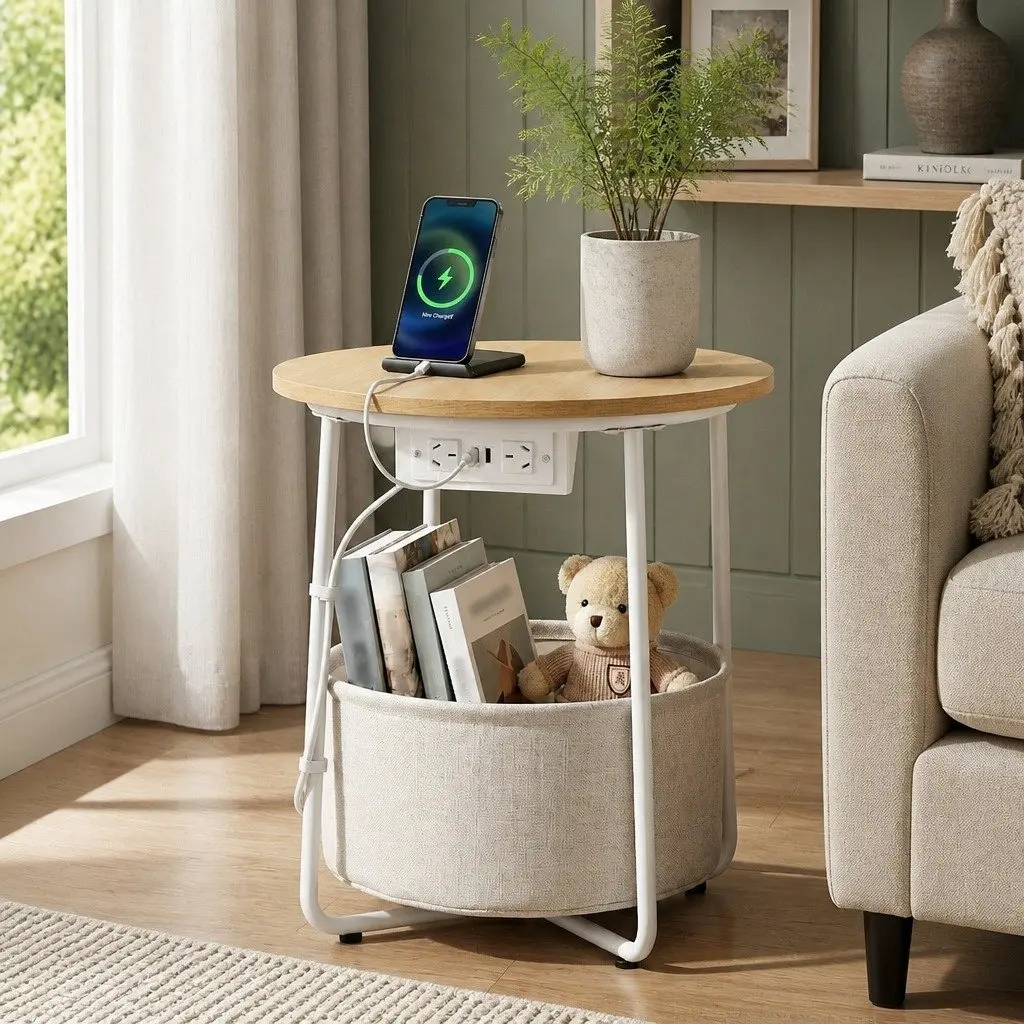 Round Coffee Table Beige 45cm MDF Metal with Charging Station and Storage Basket