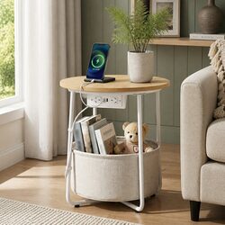 Round Coffee Table Side End Table with Charging Station Storage Basket Beige