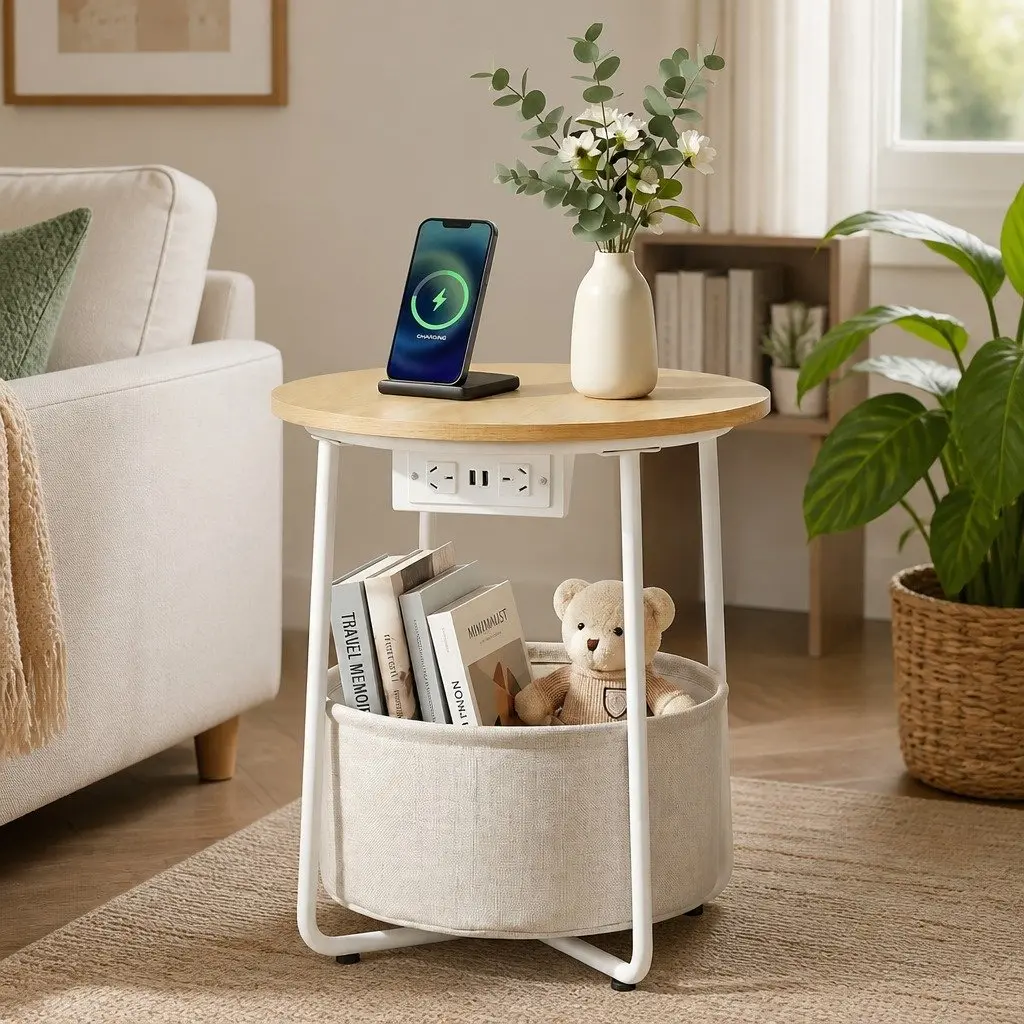 Round Coffee Table Beige 45cm MDF Metal with Charging Station and Storage Basket