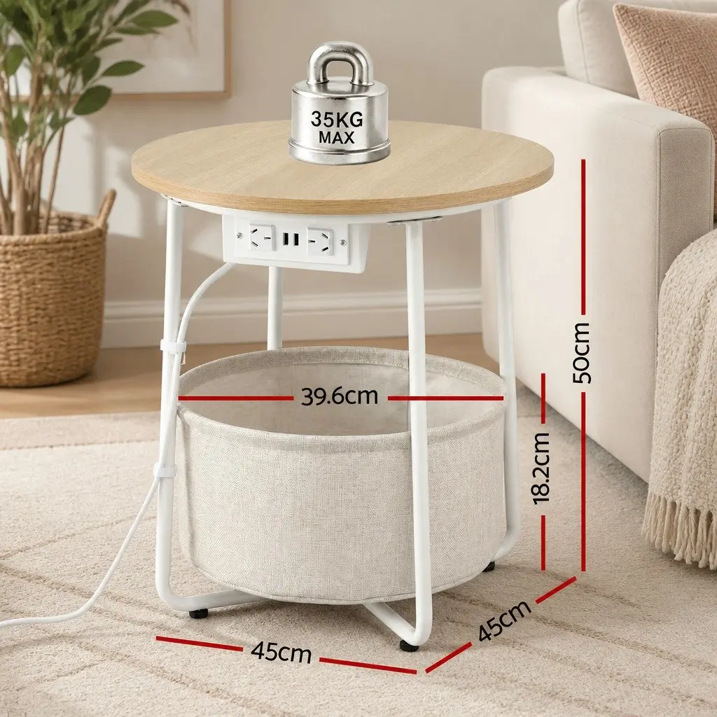 Round Coffee Table Beige 45cm MDF Metal with Charging Station and Storage Basket