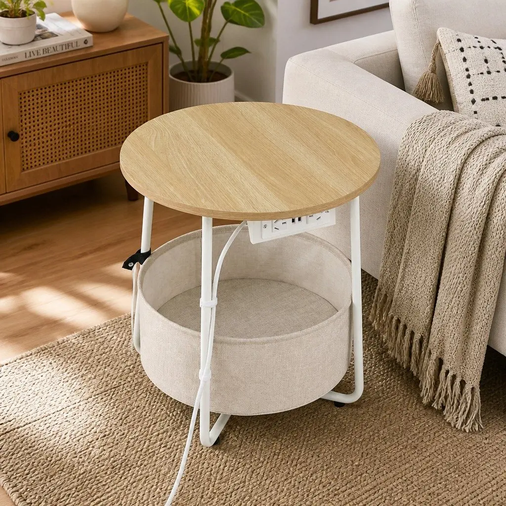 Round Coffee Table Beige 45cm MDF Metal with Charging Station and Storage Basket