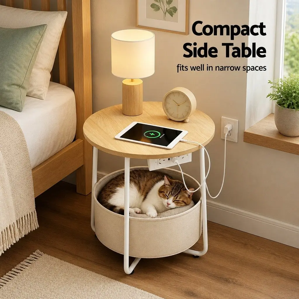 Round Coffee Table Beige 45cm MDF Metal with Charging Station and Storage Basket