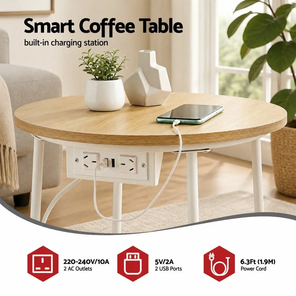 Round Coffee Table Beige 45cm MDF Metal with Charging Station and Storage Basket