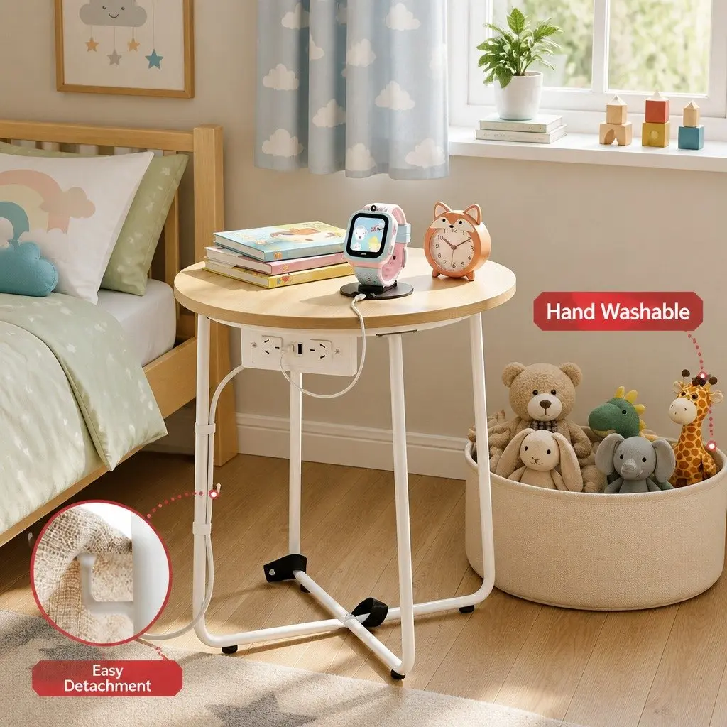 Round Coffee Table Beige 45cm MDF Metal with Charging Station and Storage Basket