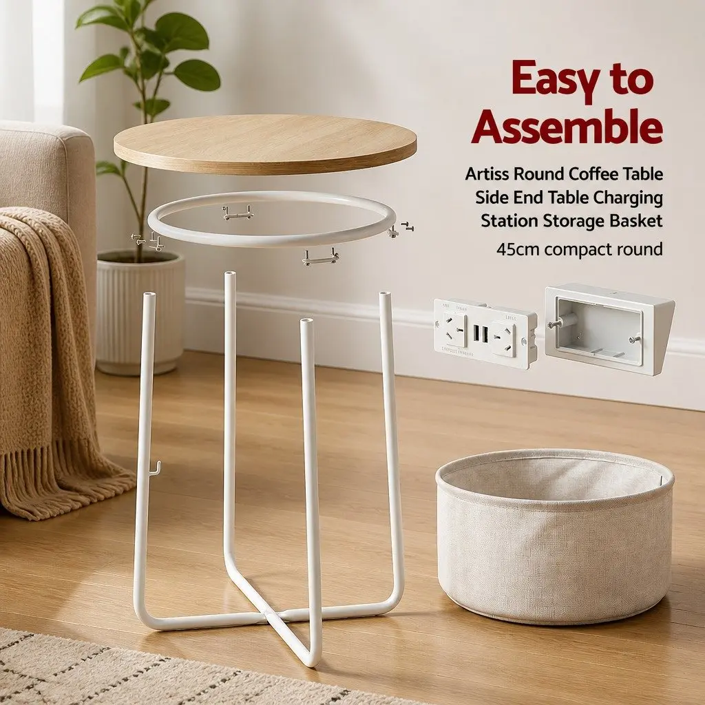 Round Coffee Table Beige 45cm MDF Metal with Charging Station and Storage Basket
