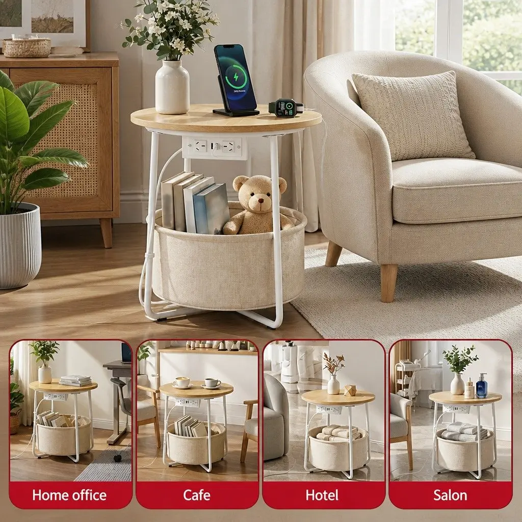 Round Coffee Table Beige 45cm MDF Metal with Charging Station and Storage Basket
