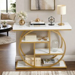 Elegant White Gold Console Table with 4 Open Shelves