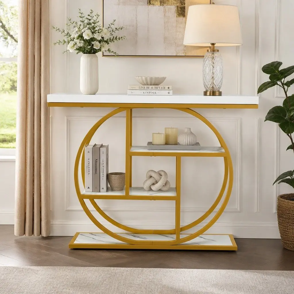 White Gold Console Table with 4 Open Shelves