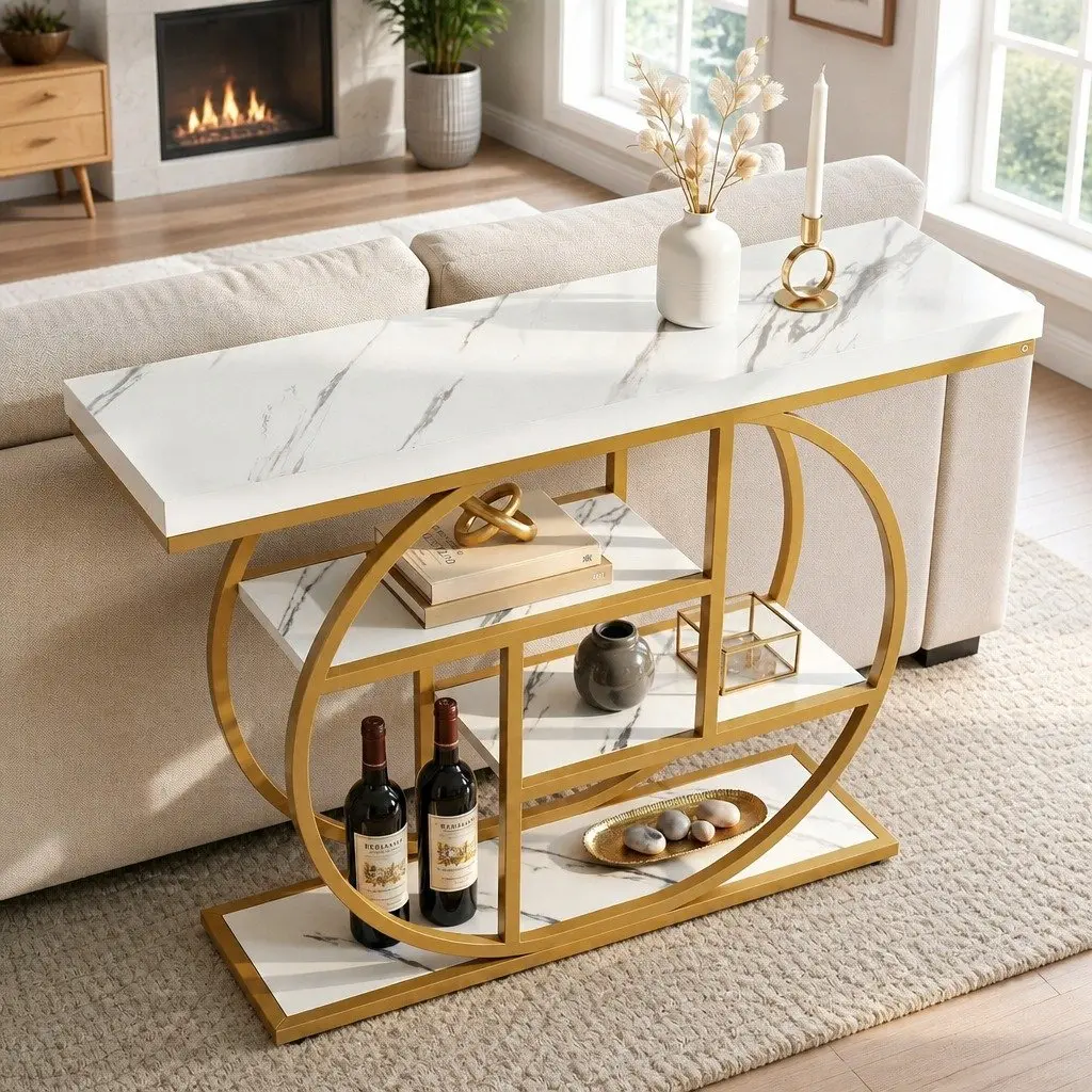 White Gold Console Table with 4 Open Shelves