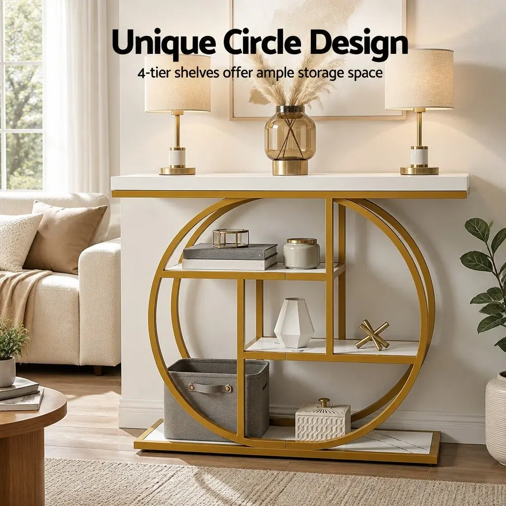 White Gold Console Table with 4 Open Shelves