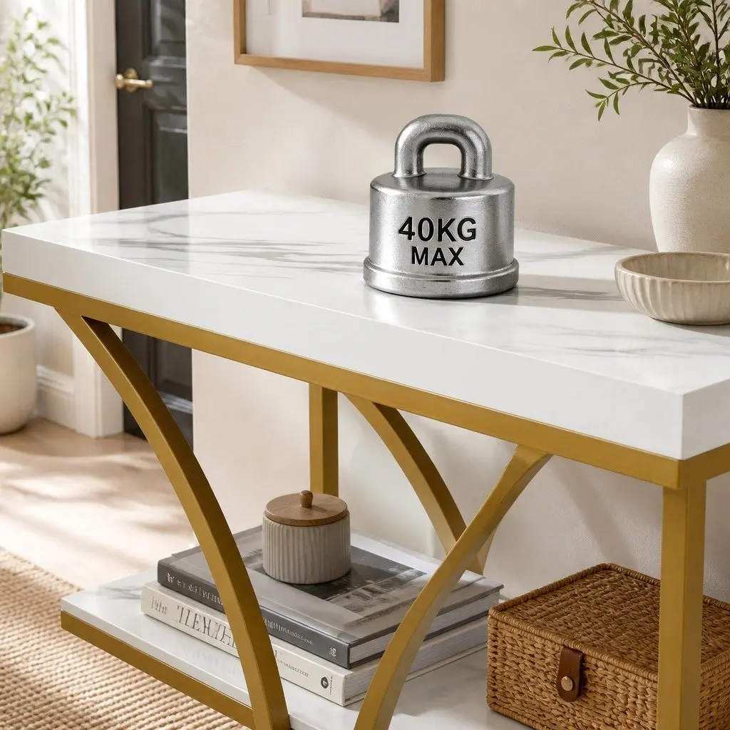 White Gold Console Table with 4 Open Shelves