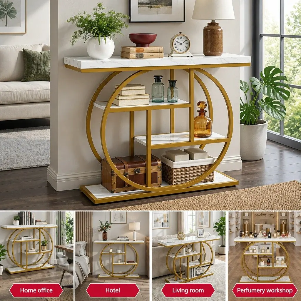White Gold Console Table with 4 Open Shelves