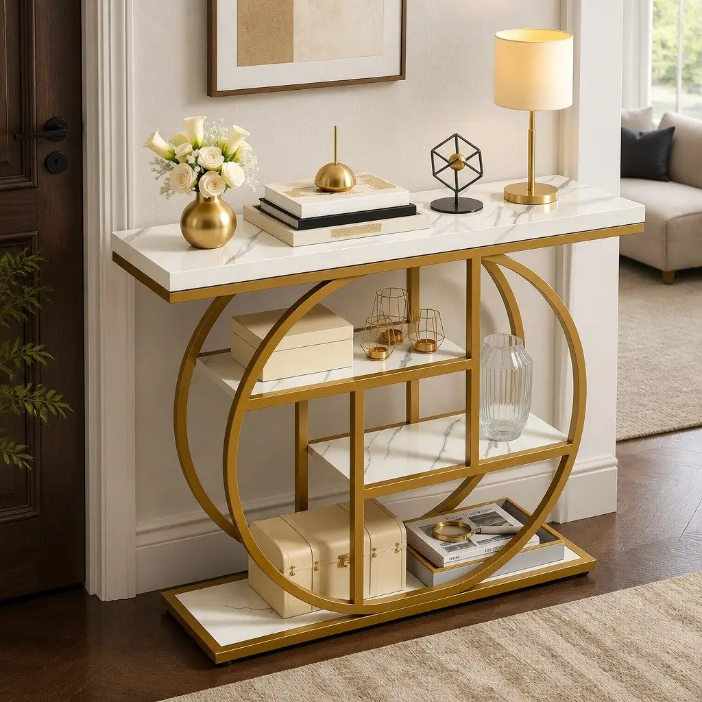 White Gold Console Table with 4 Open Shelves