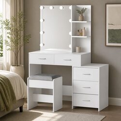Dressing Table Set with LED Makeup Mirror Stool White Vanity Storage Drawers