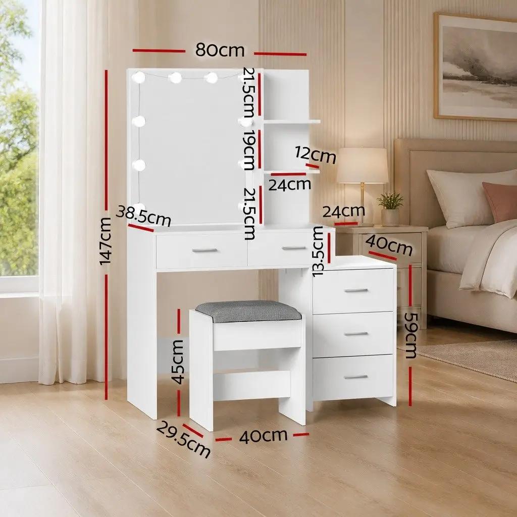 Dressing Table Set Hollywood Style White LED Makeup Mirror Storage Drawers Padded Stool