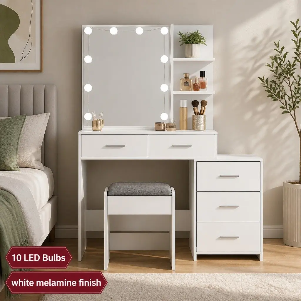 Dressing Table Set Hollywood Style White LED Makeup Mirror Storage Drawers Padded Stool
