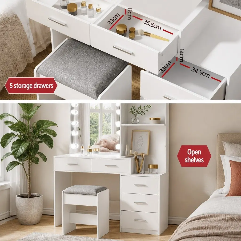 Dressing Table Set Hollywood Style White LED Makeup Mirror Storage Drawers Padded Stool