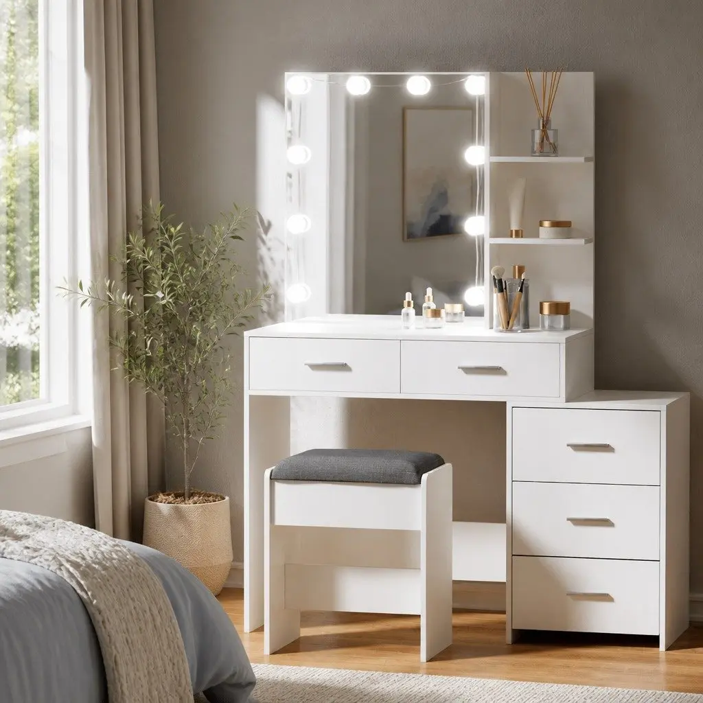 Dressing Table Set Hollywood Style White LED Makeup Mirror Storage Drawers Padded Stool