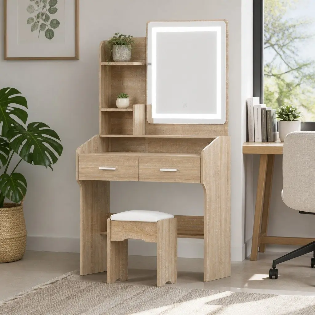Dressing Table Set LED Mirror Stool Black Wood Vanity Makeup Desk 77cm x 35cm x 147cm MDF PU Leather