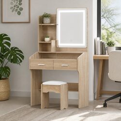 Black Wood Dressing Table Set with LED Mirror and Stool