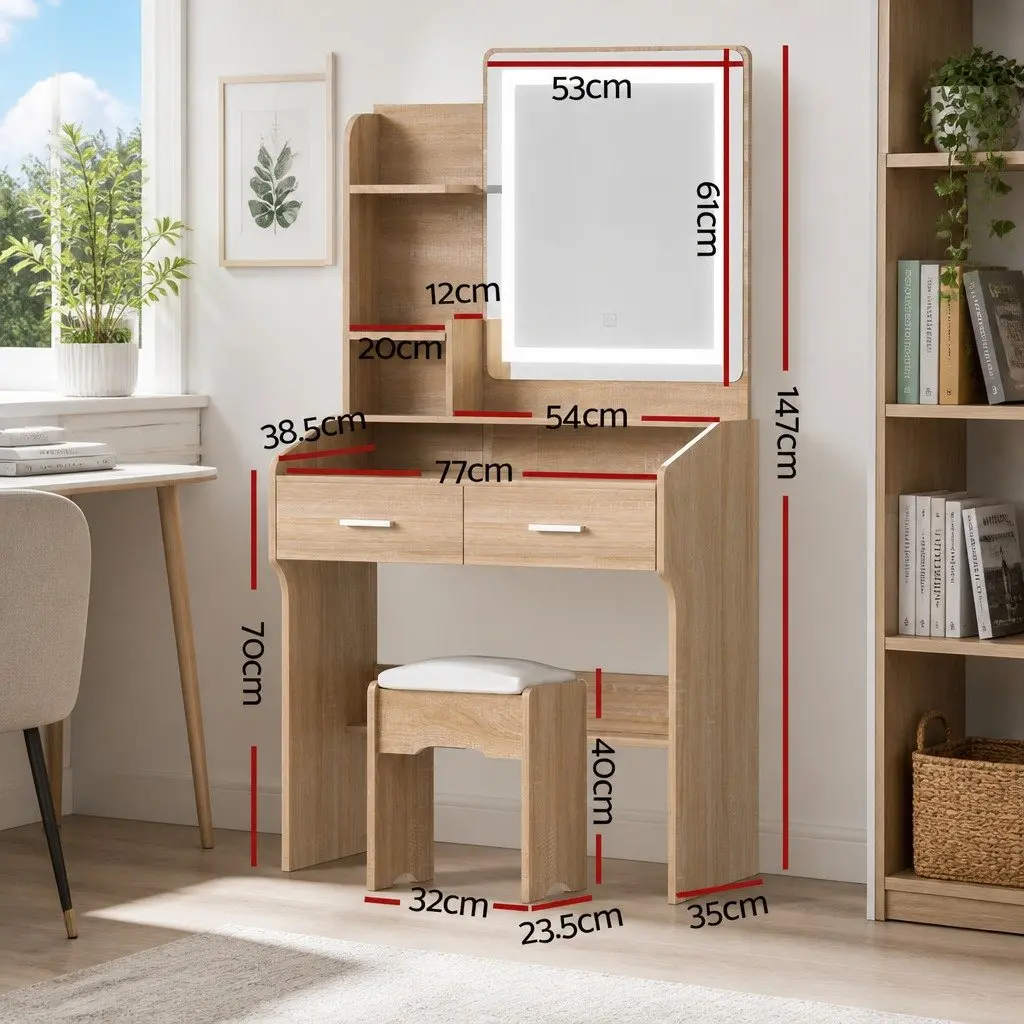 Dressing Table Set LED Mirror Stool Black Wood Vanity Makeup Desk 77cm x 35cm x 147cm MDF PU Leather