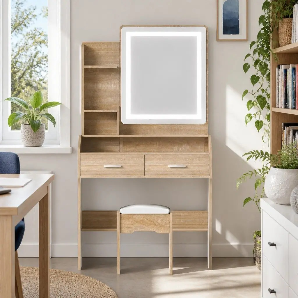 Dressing Table Set LED Mirror Stool Black Wood Vanity Makeup Desk 77cm x 35cm x 147cm MDF PU Leather