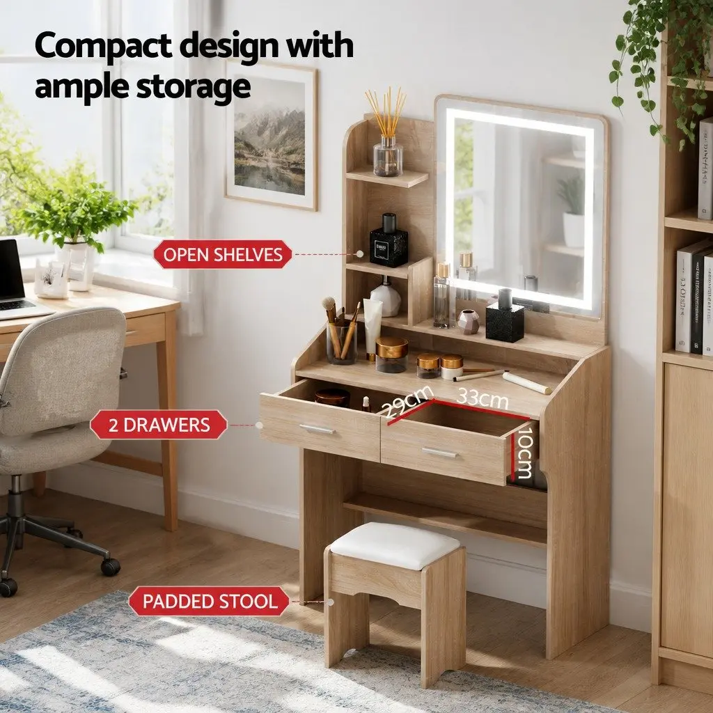 Dressing Table Set LED Mirror Stool Black Wood Vanity Makeup Desk 77cm x 35cm x 147cm MDF PU Leather
