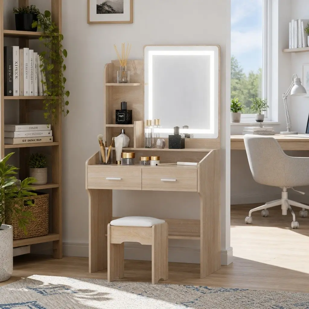 Dressing Table Set LED Mirror Stool Black Wood Vanity Makeup Desk 77cm x 35cm x 147cm MDF PU Leather