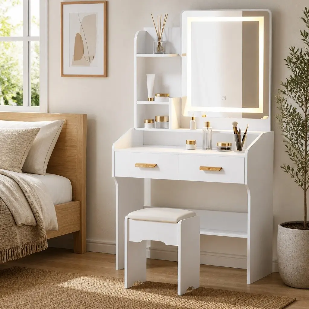 Dressing Table Set White Makeup Vanity Desk Hollywood Mirror LED with Stool