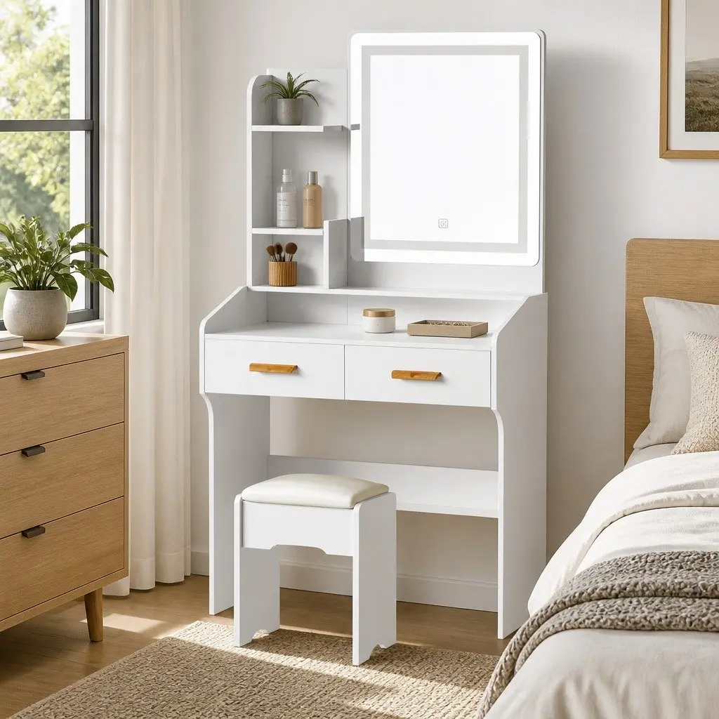 Dressing Table Set White Makeup Vanity Desk Hollywood Mirror LED with Stool
