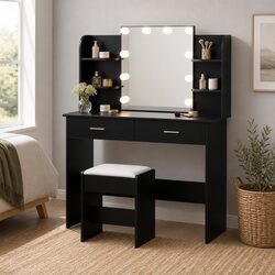 Elegant Black Dressing Table Set with LED Mirror and Stool