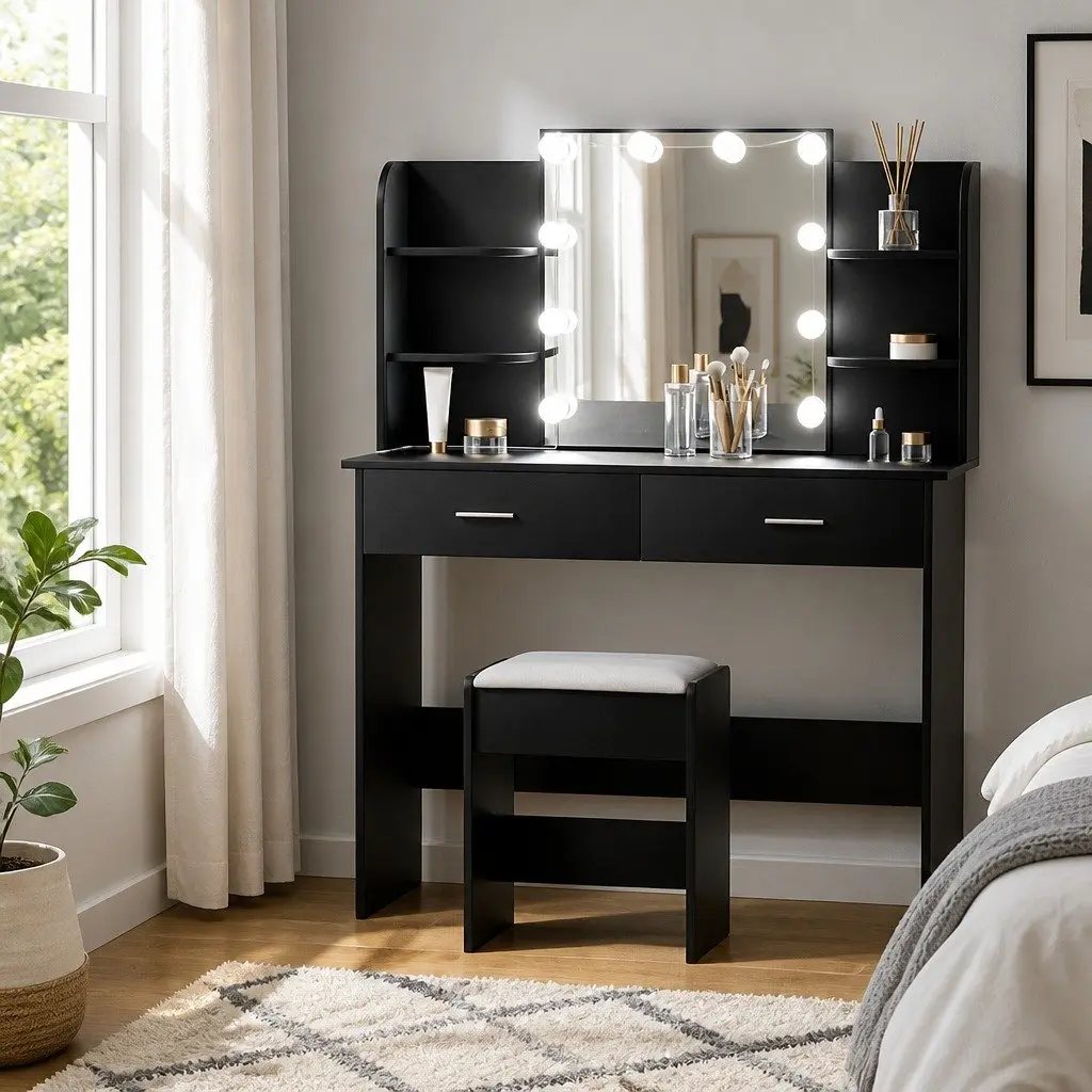 Dressing Table Set Black Hollywood Style Makeup Vanity with Stool LED Bulbs 108cm x 40cm x 135cm MDF and PU Leather