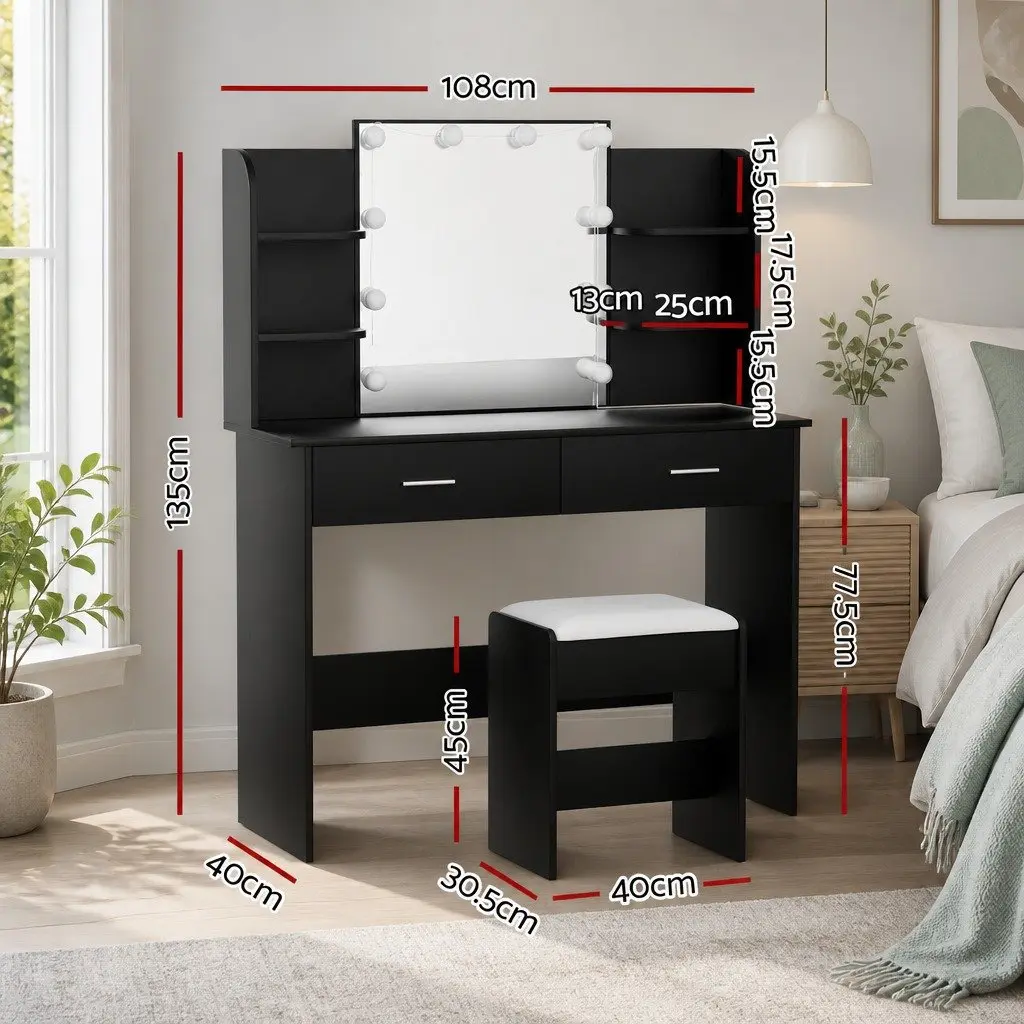 Dressing Table Set Black Hollywood Style Makeup Vanity with Stool LED Bulbs 108cm x 40cm x 135cm MDF and PU Leather