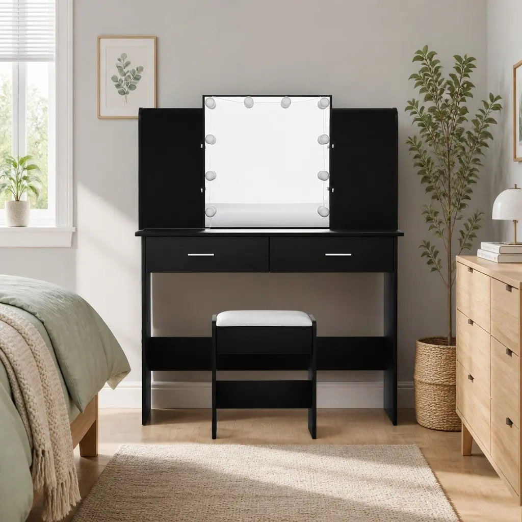 Dressing Table Set Black Hollywood Style Makeup Vanity with Stool LED Bulbs 108cm x 40cm x 135cm MDF and PU Leather