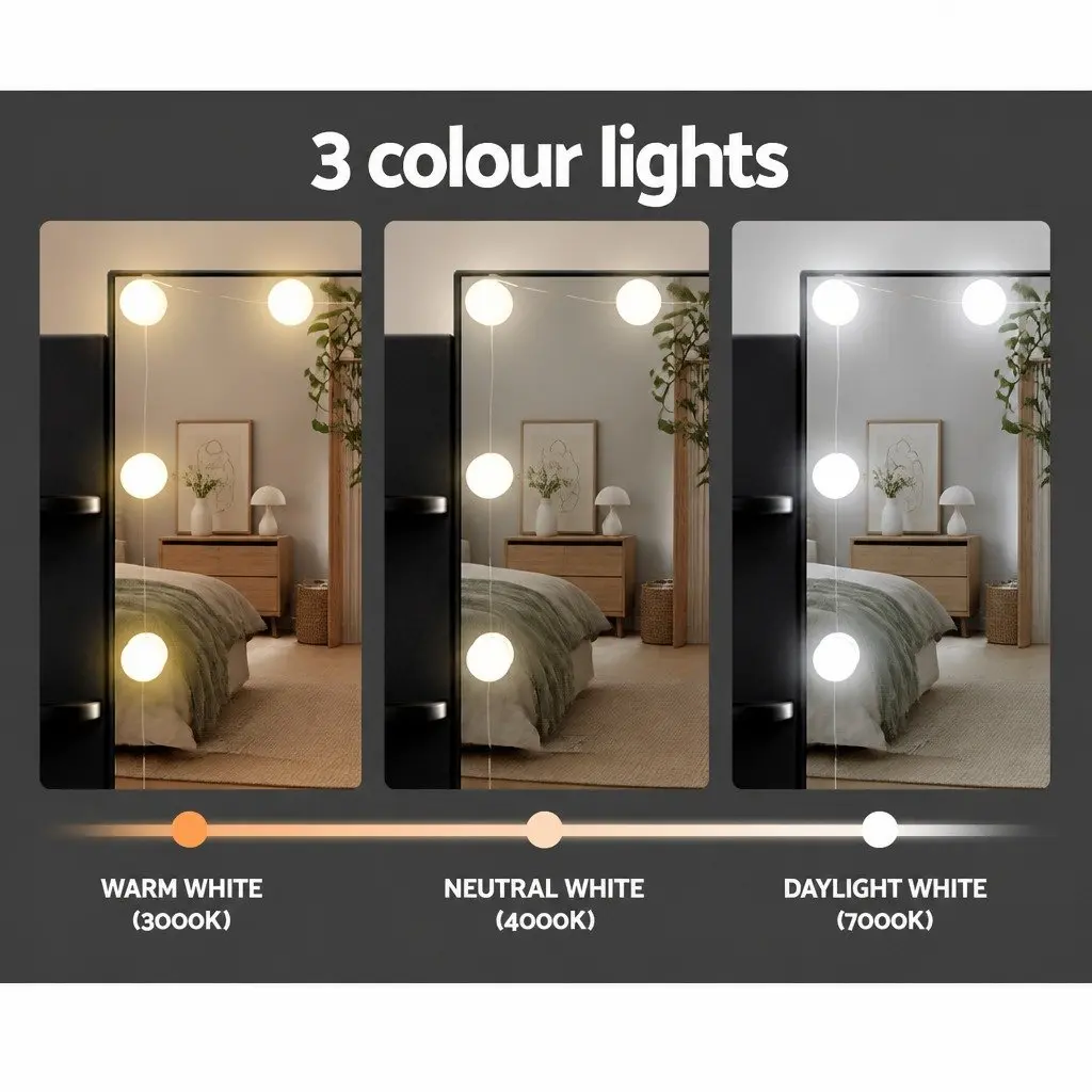 Dressing Table Set Black Hollywood Style Makeup Vanity with Stool LED Bulbs 108cm x 40cm x 135cm MDF and PU Leather