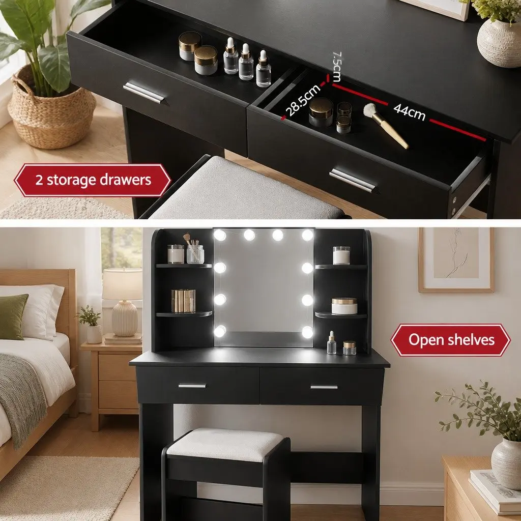 Dressing Table Set Black Hollywood Style Makeup Vanity with Stool LED Bulbs 108cm x 40cm x 135cm MDF and PU Leather