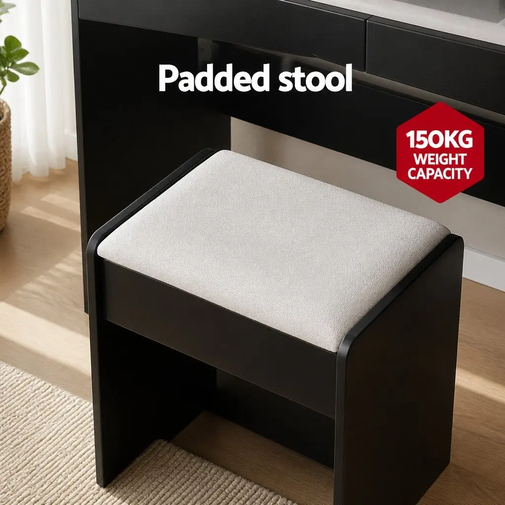 Dressing Table Set Black Hollywood Style Makeup Vanity with Stool LED Bulbs 108cm x 40cm x 135cm MDF and PU Leather