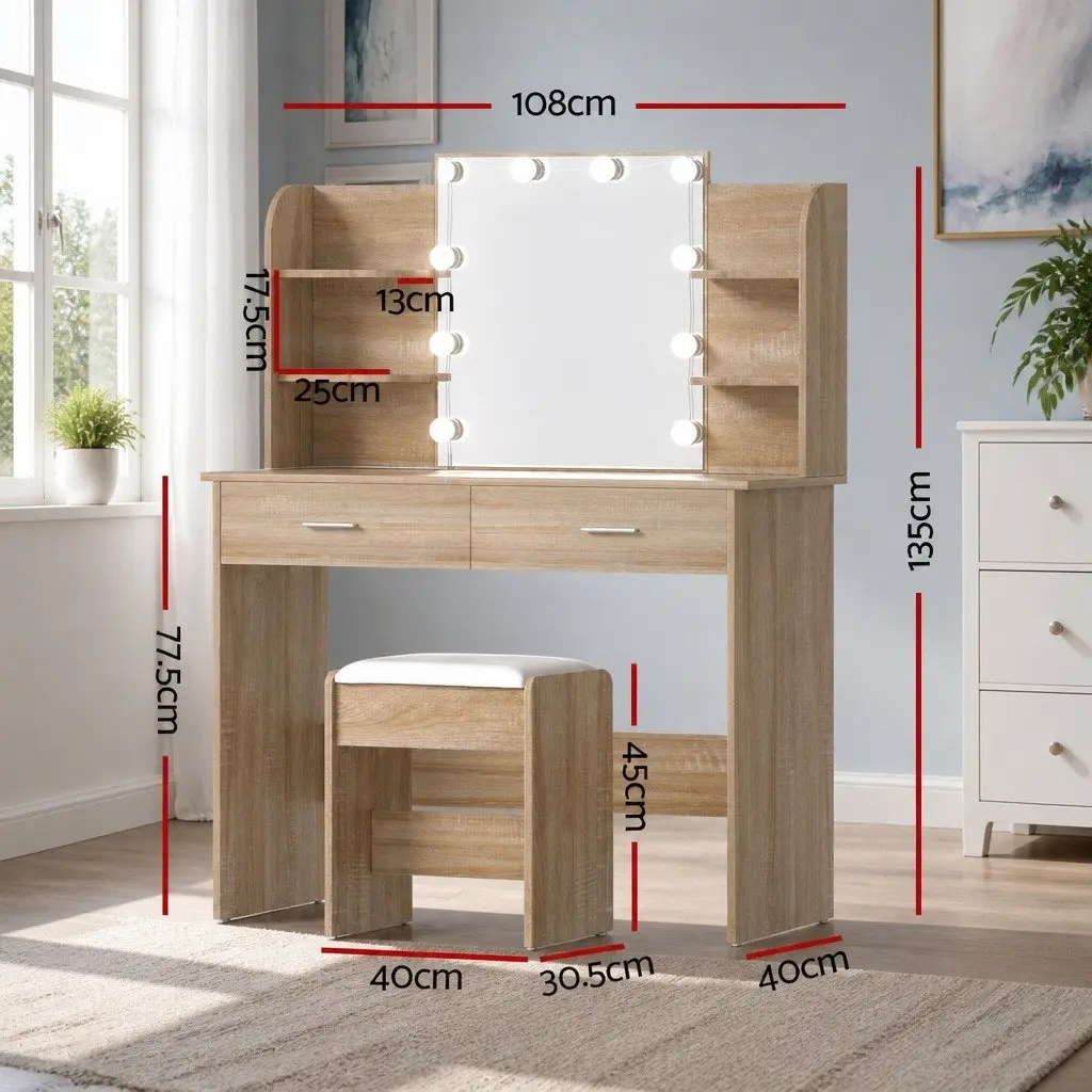 Dressing Table Set Hollywood Style with Stool LED Bulbs Makeup Desk Natural Wood MDF and PU Leather