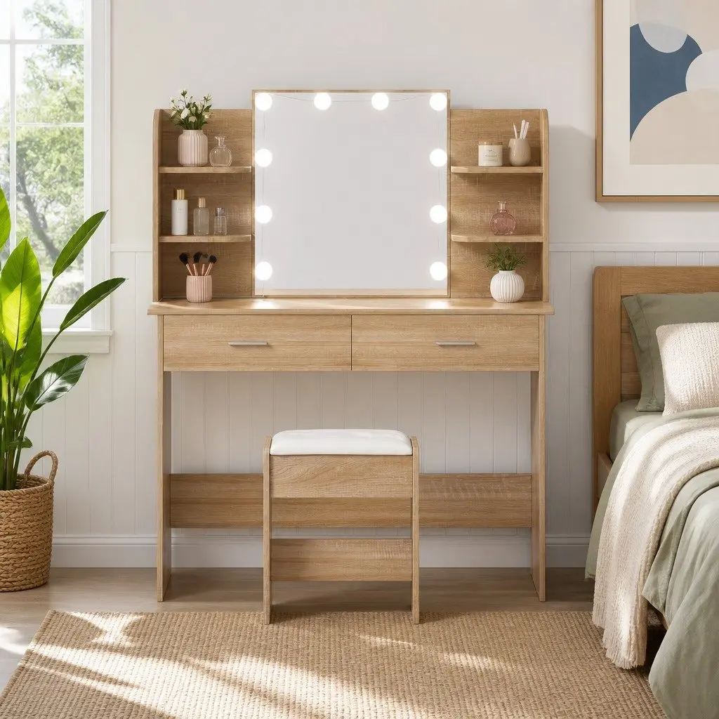 Dressing Table Set Hollywood Style with Stool LED Bulbs Makeup Desk Natural Wood MDF and PU Leather
