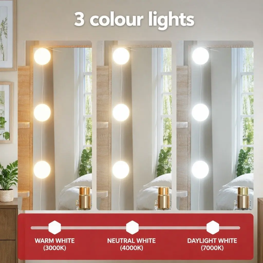 Dressing Table Set Hollywood Style with Stool LED Bulbs Makeup Desk Natural Wood MDF and PU Leather