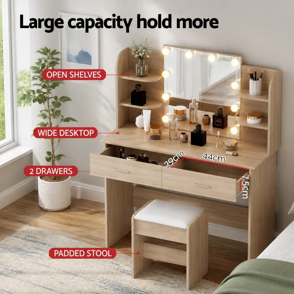 Dressing Table Set Hollywood Style with Stool LED Bulbs Makeup Desk Natural Wood MDF and PU Leather