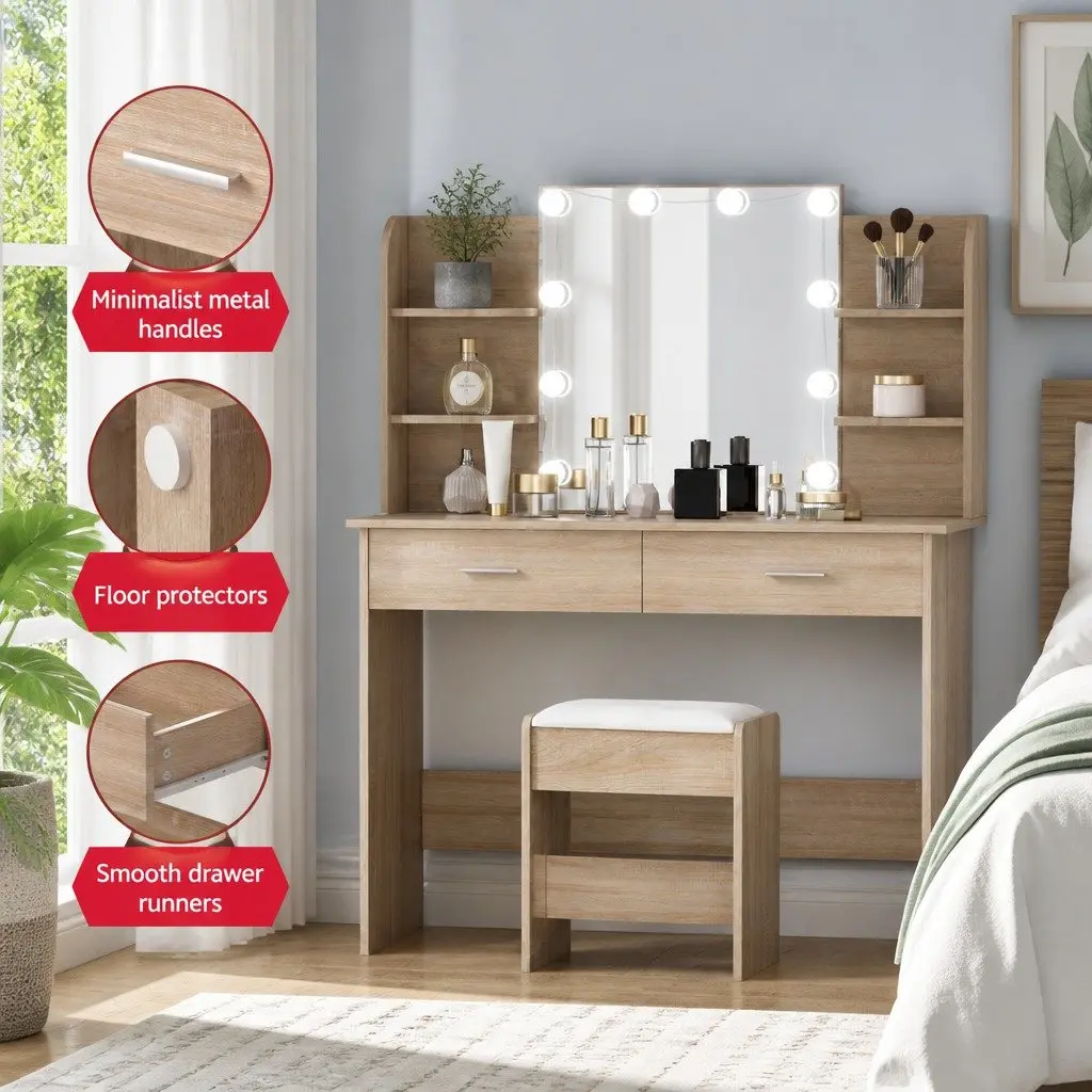 Dressing Table Set Hollywood Style with Stool LED Bulbs Makeup Desk Natural Wood MDF and PU Leather